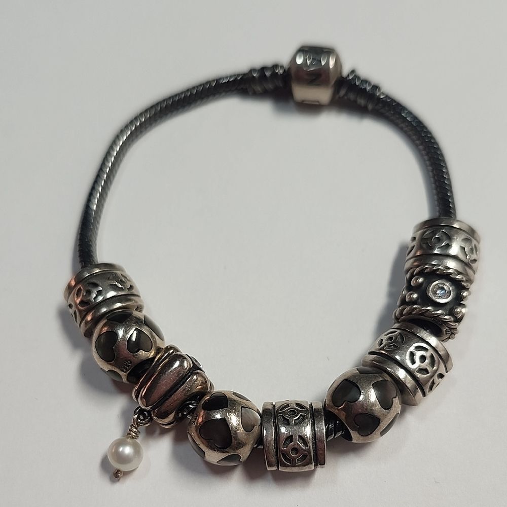 Pandora Sterling Silver Bead Charm Bracelet with Pearl Drop 9 Charms 925 ALE